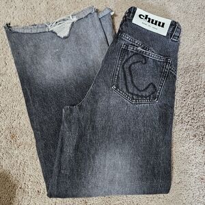 Chuu Black Distressed Wide Leg Crop  Ankle Jeans